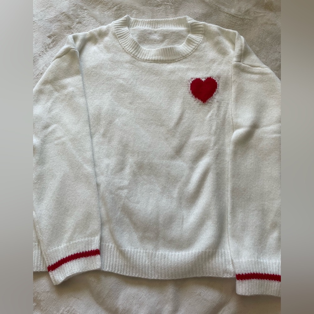 White Sweater with Red Heart Detail
